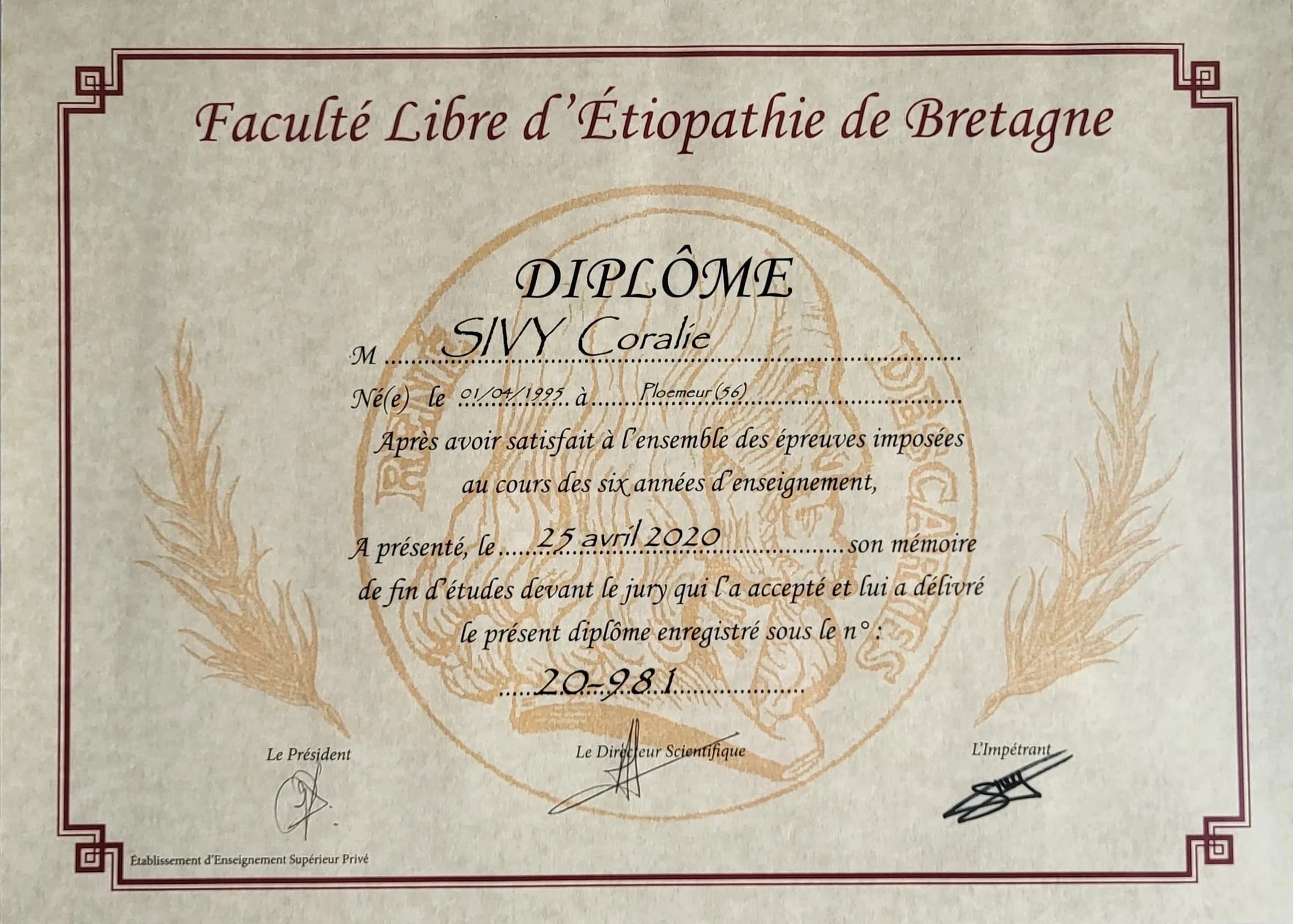 Diplôme d'étiopathie de Sivy Coralie